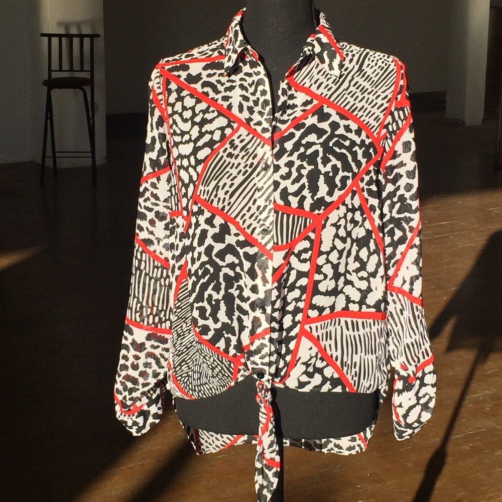 Zac and Rachel red black and white animal print button blouse